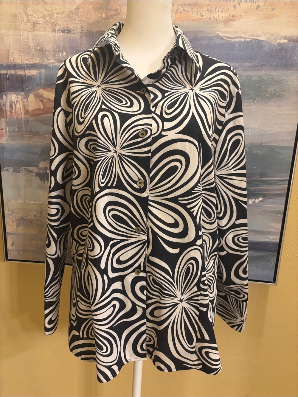 Foxcroft Black and White Button-Down Floral Print Shirt